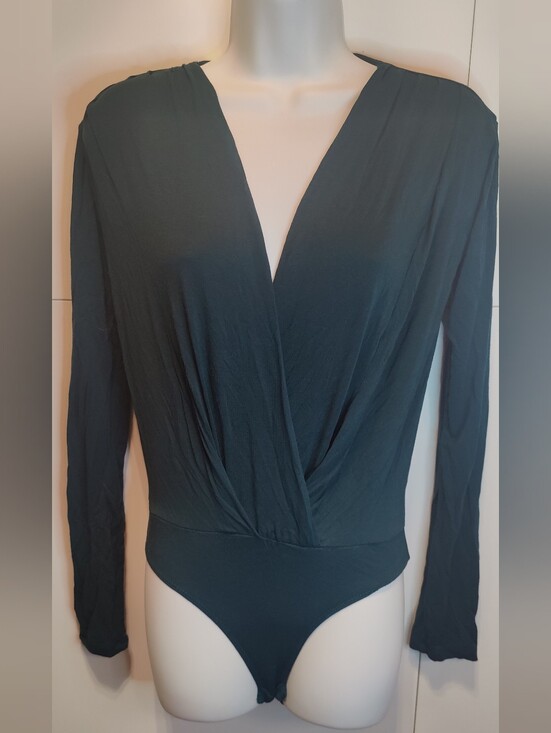 Mustard Seed Tops - Mustard Seed Dark Green Plunge Wrap Long Sleeve Bodysuit S